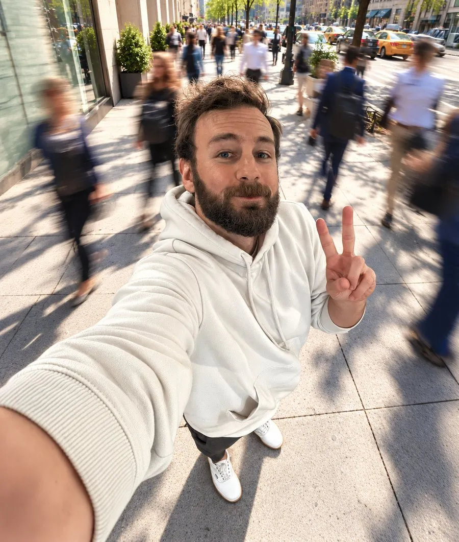 Adam Denzel taking a selfie on a busy city sidewalk, flashing a peace sign