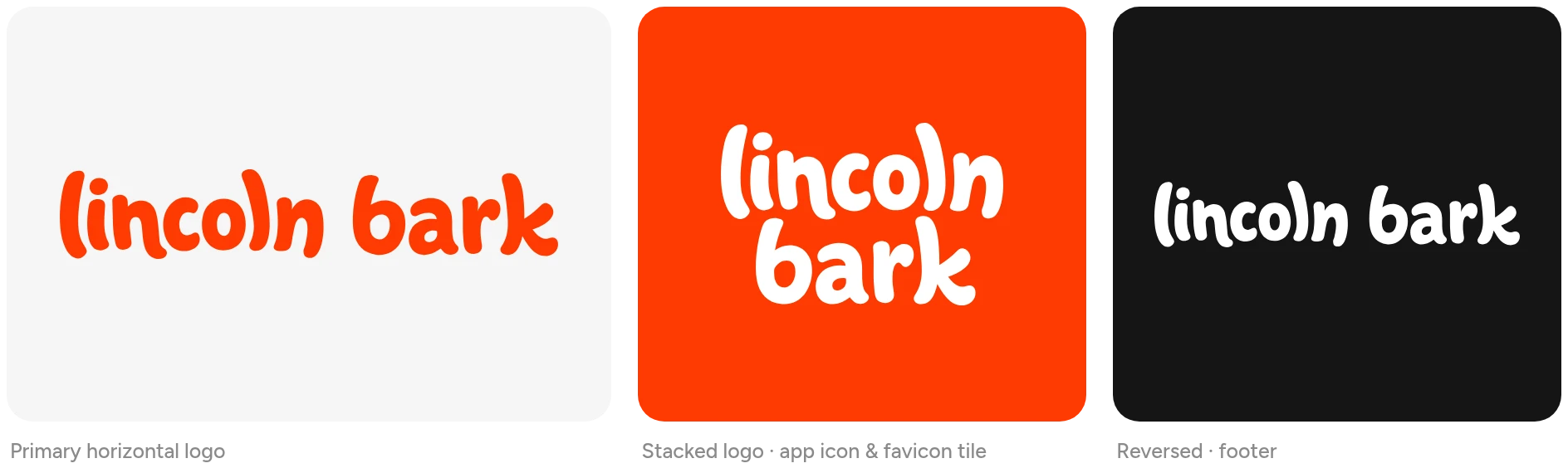 The Lincoln Bark logo in orange on light grey, stacked in white on an orange tile, and reversed in white on black