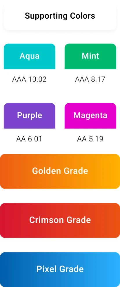 Supporting colors (Aqua, Mint, Purple, Magenta) and three gradients