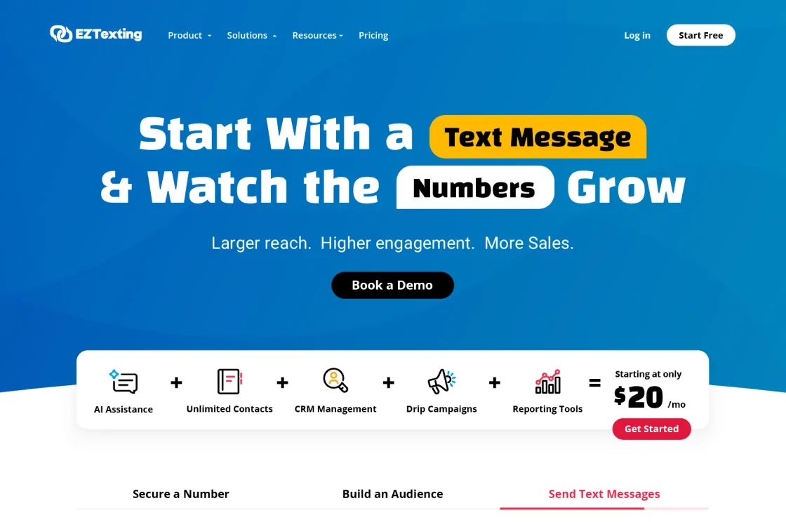 EZ Texting homepage redesign with the headline “Start with a text message and watch the numbers grow”