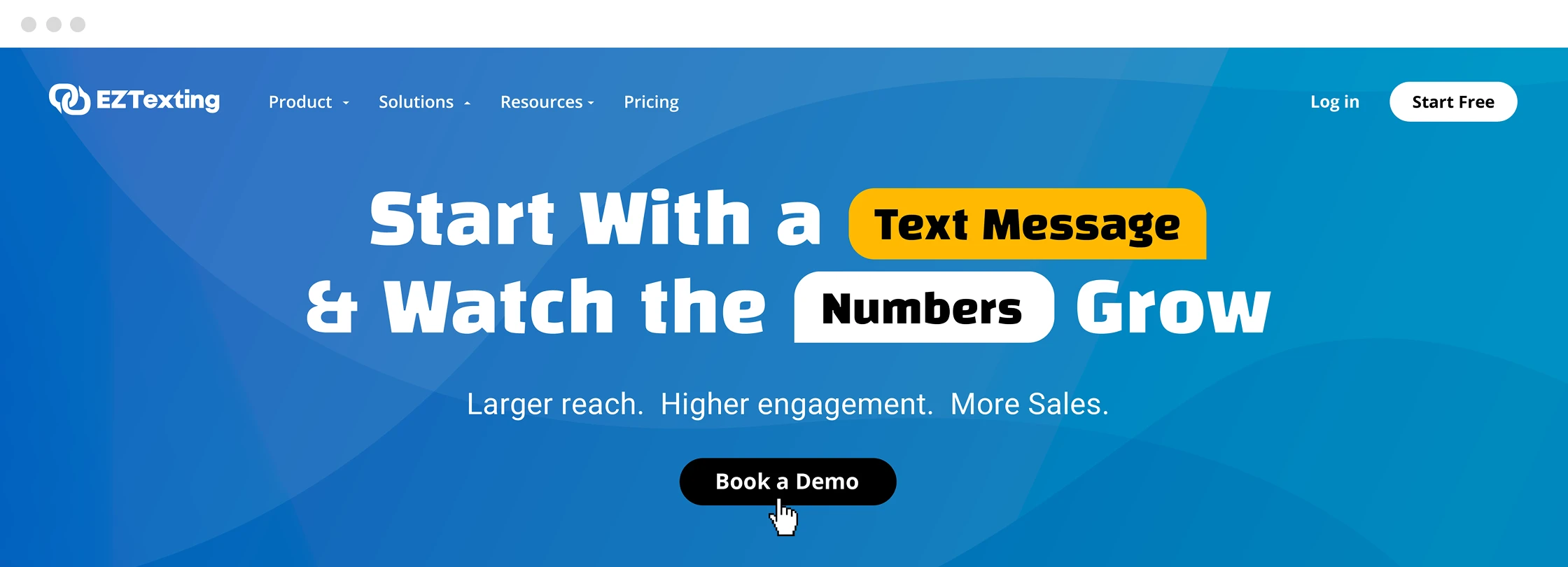 EZ Texting's redesigned homepage hero with the pricing bar and feature icons