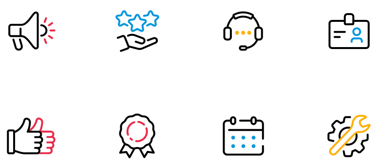The same eight icons redrawn with bold strokes and a minimal palette