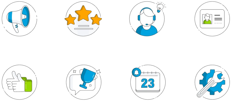 Eight original icons with detailed, cartoon-style drawings