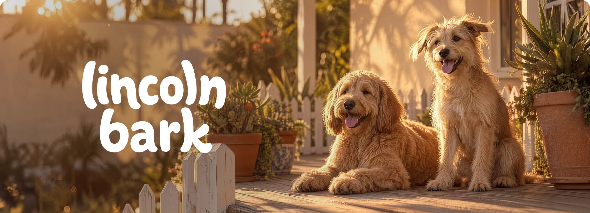 The Lincoln Bark logo in white beside two dogs relaxing on a sunlit porch