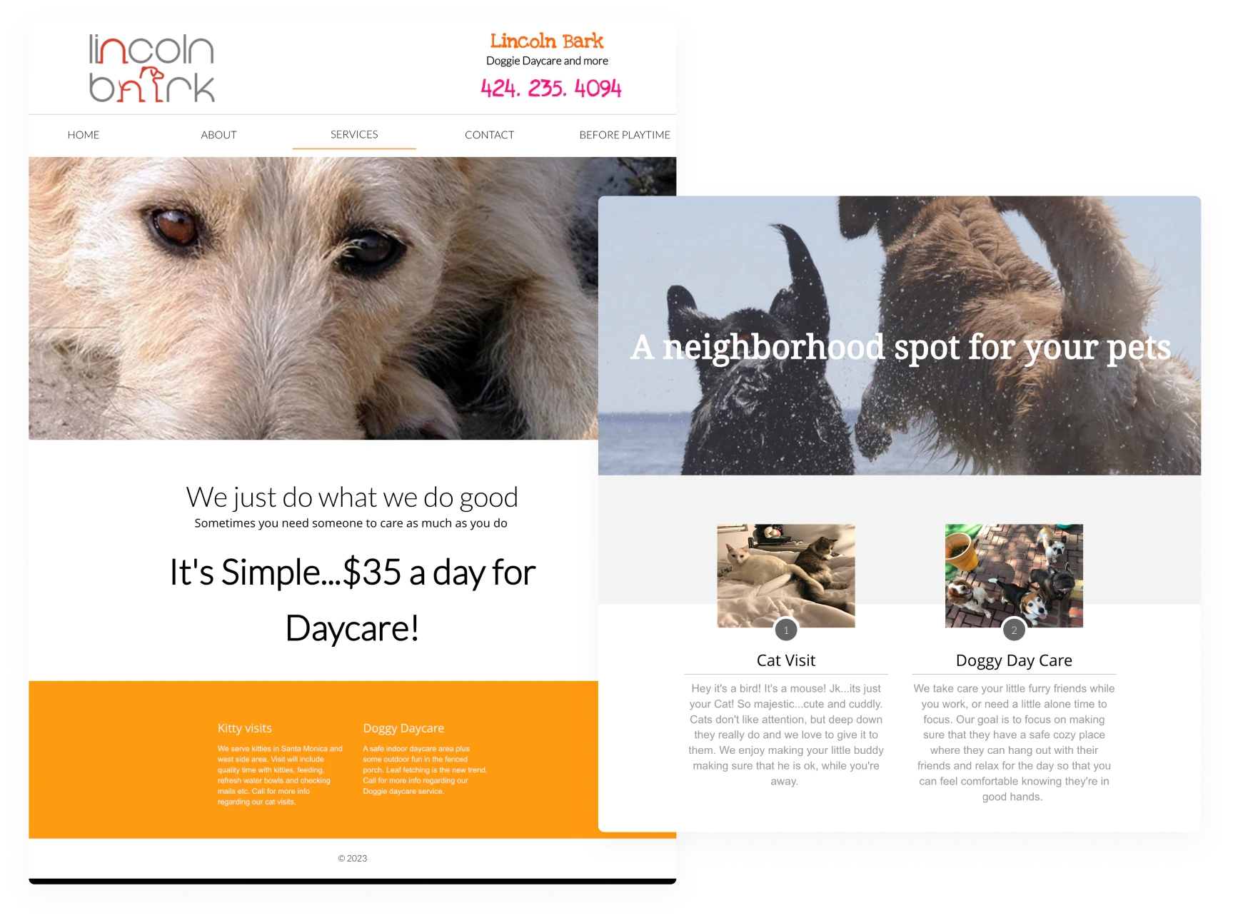 The original Lincoln Bark website, with a builder template, stock dog photos and “It’s Simple…$35 a day for Daycare!”