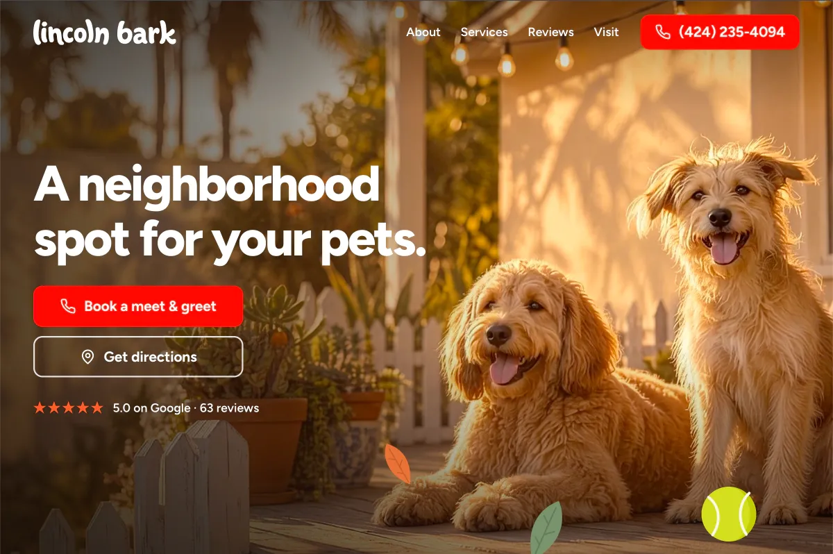 Lincoln Bark homepage with the headline “A neighborhood spot for your pets” over two dogs on a sunlit porch