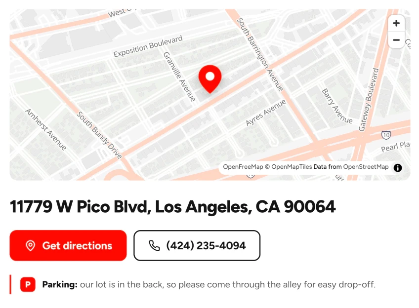 Map of the West Pico location with the address, directions and call buttons, and a parking tip
