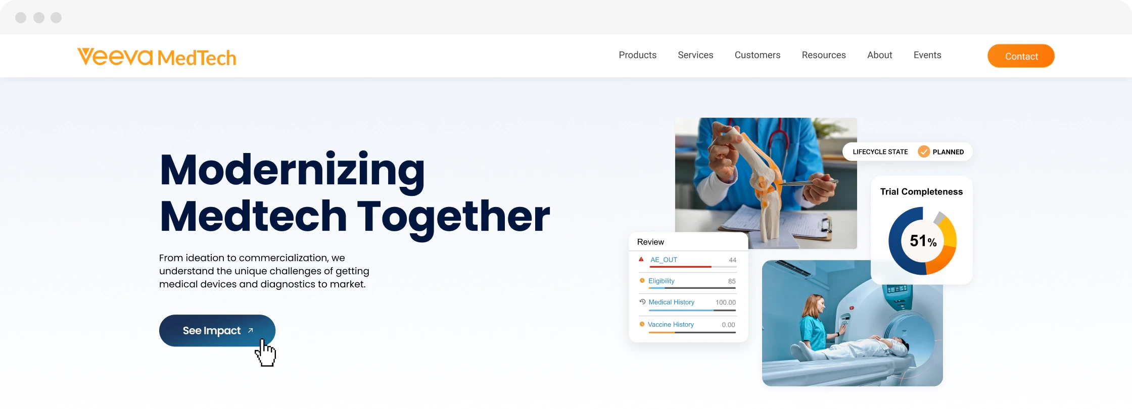 The redesigned Veeva MedTech homepage in a browser window, with the headline “Modernizing Medtech Together”