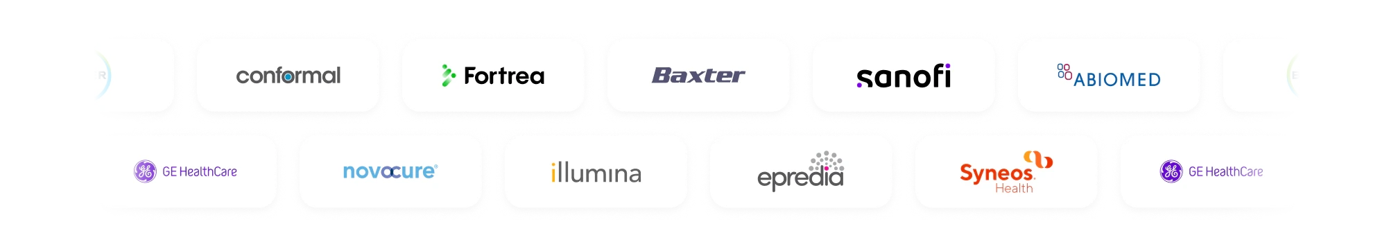 Two rows of customer logos, including Conformal, Fortrea, Baxter, Sanofi, Abiomed, GE HealthCare, Novocure, Illumina, Epredia and Syneos Health