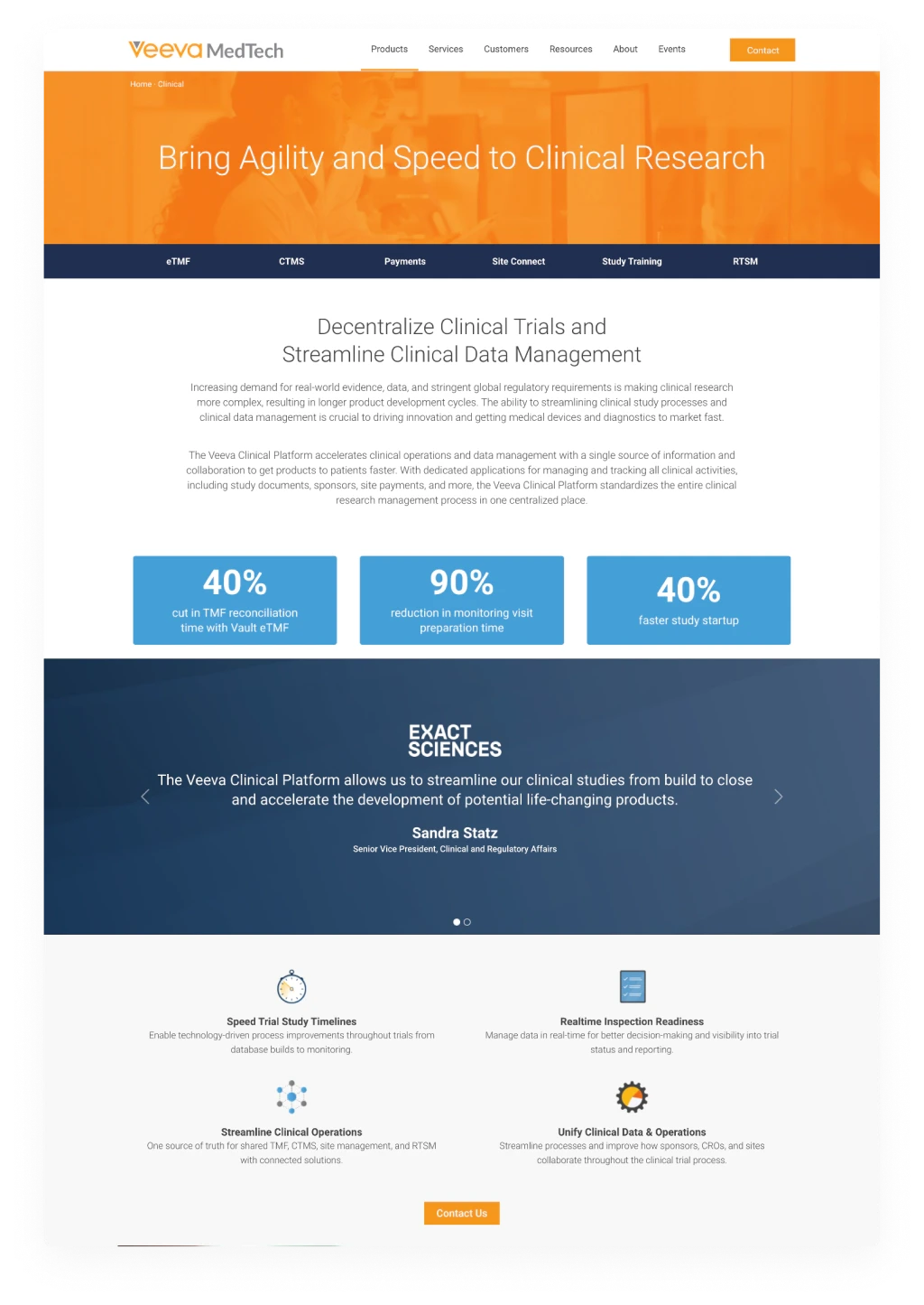 The original clinical solutions page, with an orange-tinted hero, dense centered copy and blue stat boxes