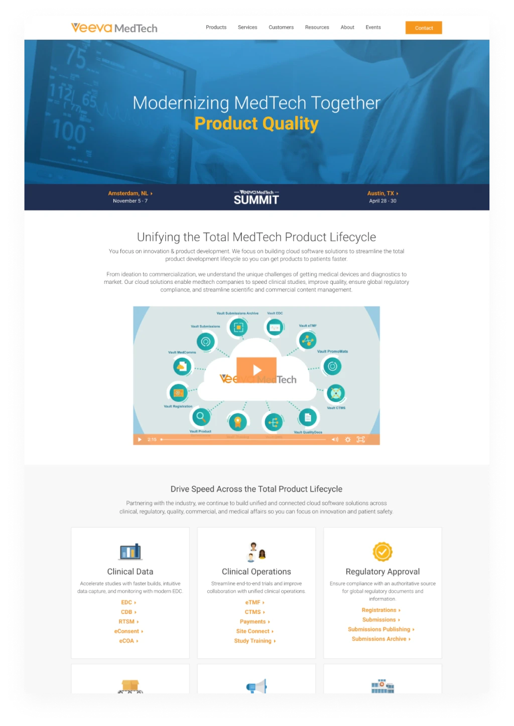 The original homepage, with a blue-tinted hero photo, an events bar and a product video