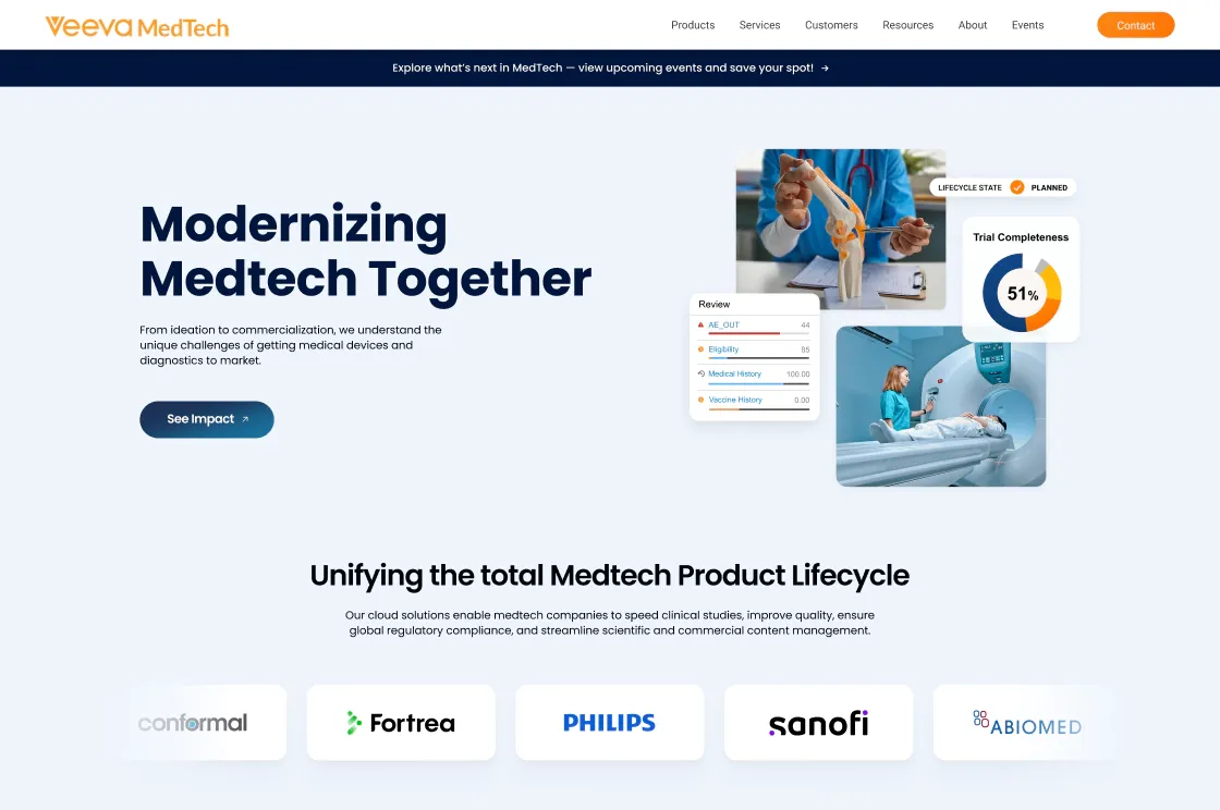 Veeva MedTech homepage with the headline “Modernizing Medtech Together” beside photos and product dashboard cards