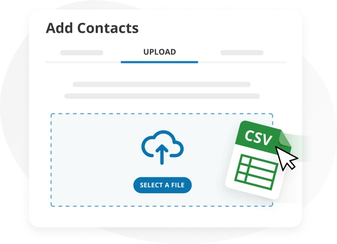 Simplified “Add Contacts” upload card with a CSV file icon