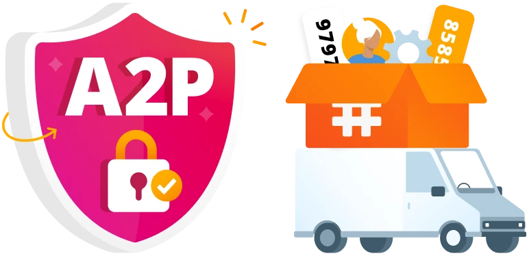 New gradient illustrations of an A2P security shield and a delivery van