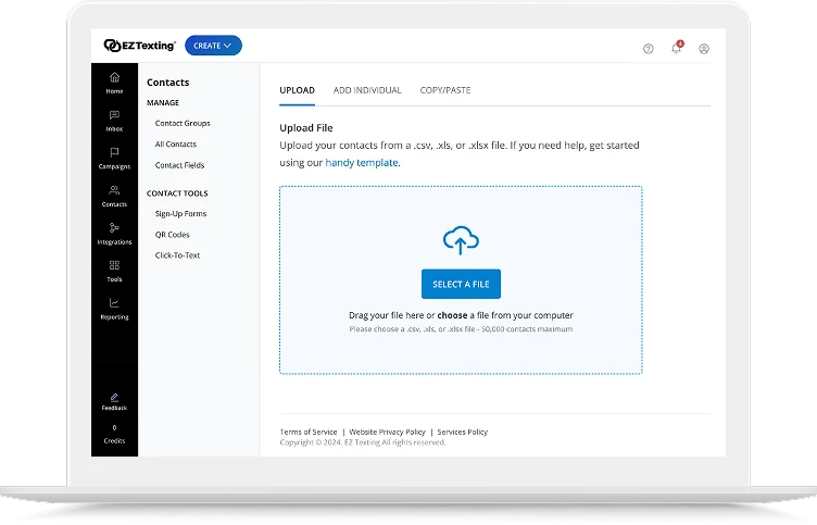 Original, detailed screenshot of the contacts upload screen