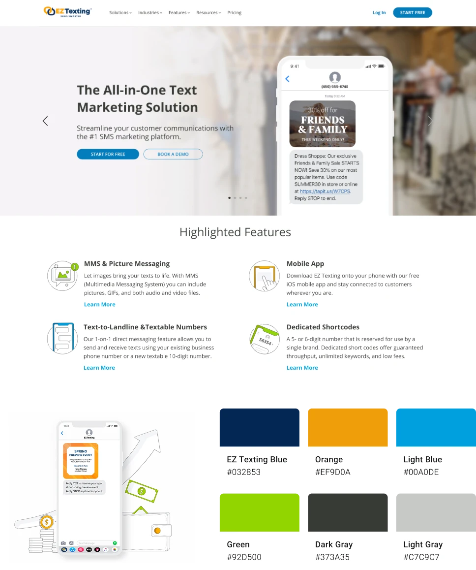 Original EZ Texting homepage and color palette