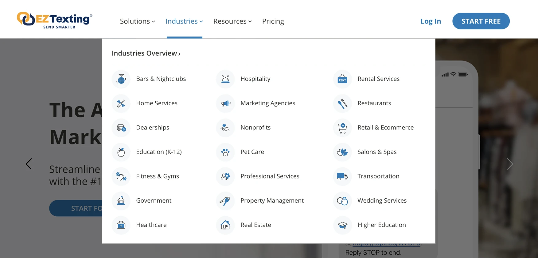Original desktop mega menu listing industries in long columns
