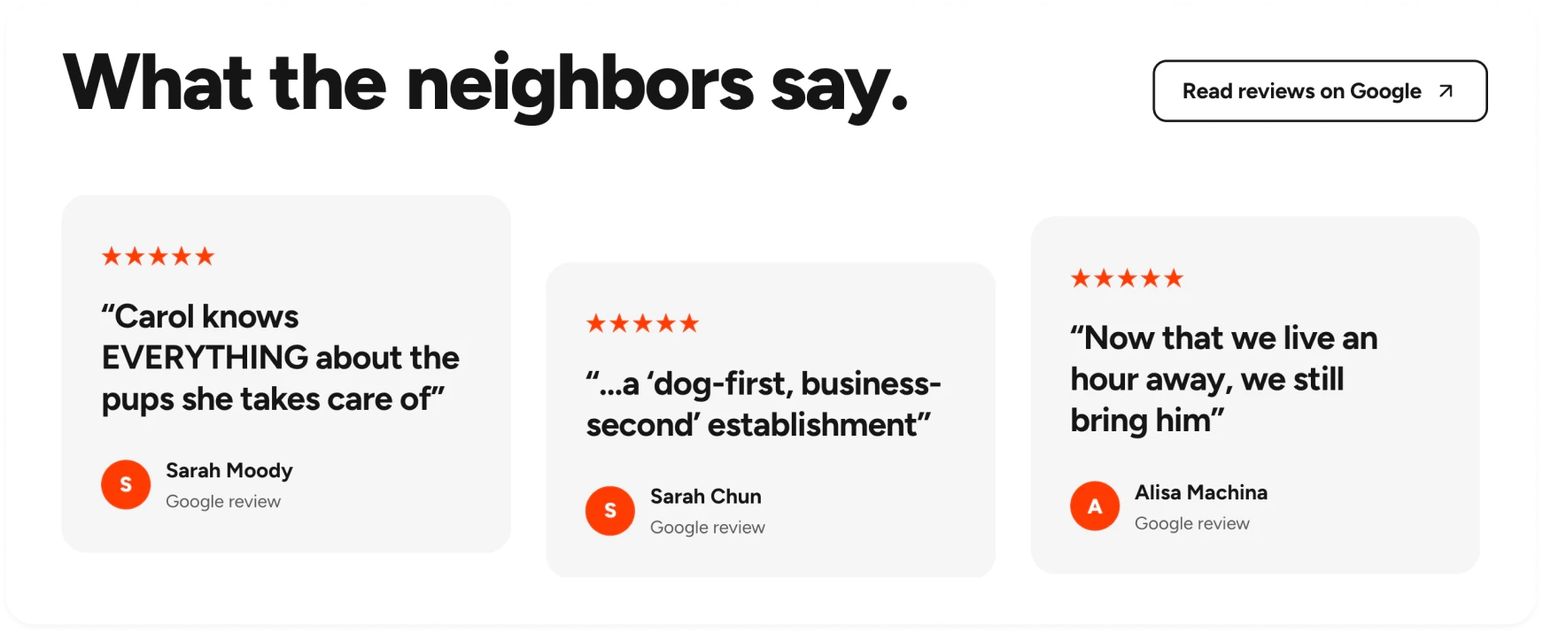 “What the neighbors say” section with three five-star Google review quotes and a “Read reviews on Google” button