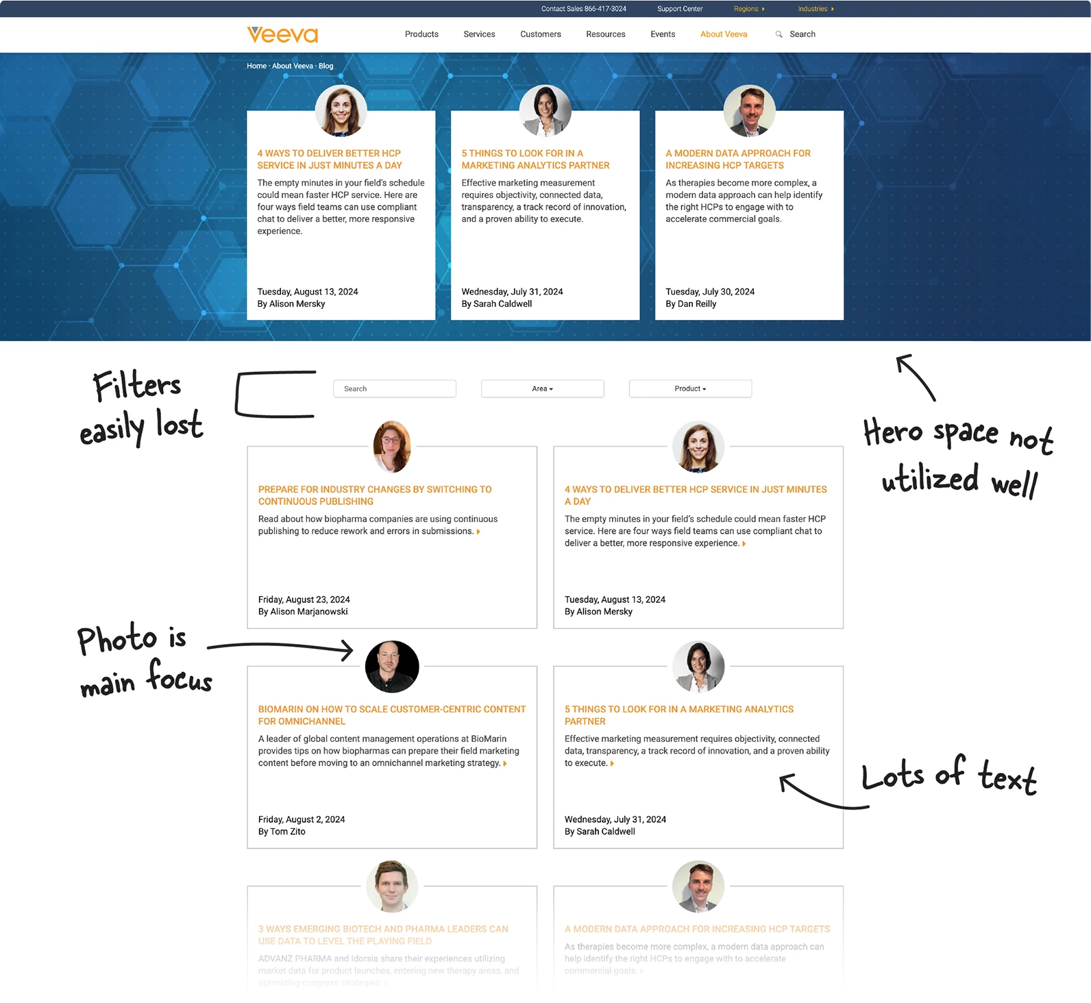 The original Veeva blog, annotated with notes on easily lost filters, photo focus, unused hero space and lots of text