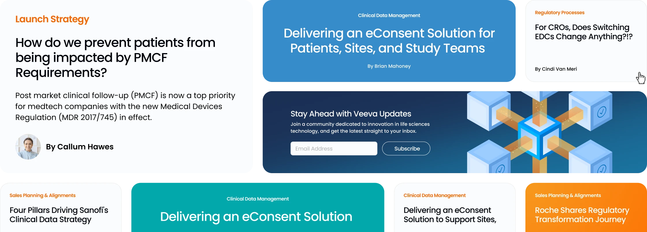 Veeva Pulse blog article cards, from a featured launch-strategy post to a “Stay Ahead with Veeva Updates” sign-up banner