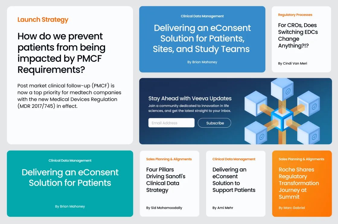 Veeva Pulse blog redesign with featured, priority and standard article cards